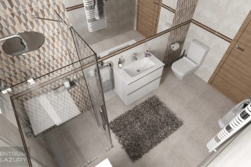 Projekt łazienki z zastosowaniem szarych, matowych płytek z geometrycznym dekorem