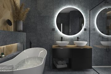 Projekt łazienki z zastosowaniem kolekcji Macienia Zienia dla marki Tubądzin Terrazzo.